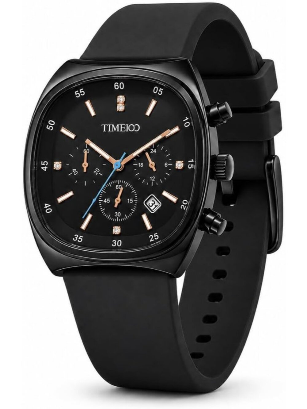 Men's Black Square Multifunction Silicone Strap Quartz Analog Date Wrist Watch